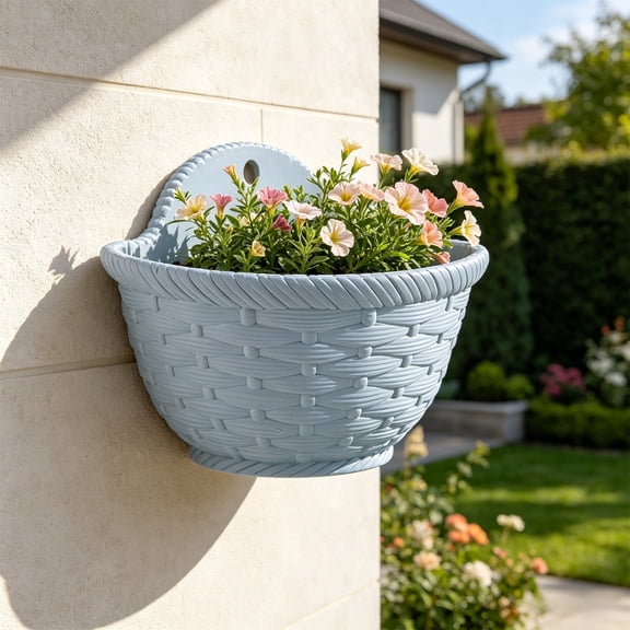 Bcylexb Plastic Rattan Style Hanging Planter for Outdoor Plants, 8 in Hanging Flower Planter Wall Mounted Flower Baskets Pot for Fence Railing Plants & Decor