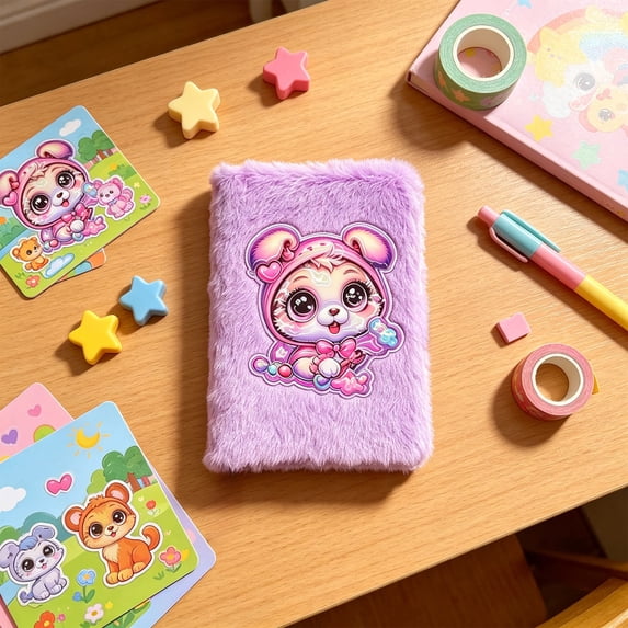Bcylexb Plush Journal Notebook, Fluffy Fuzzy Soft Cover Journal With Cute Cartoon Animal Designs for Students Teens Gift Writing Stationery