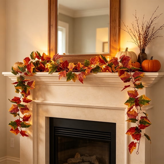 Bcylexb Realistic Multicolor Fake Maple Leaf Garland, 5.7 Ft Flexible Hanging Foliage String for Cabinet Table Runner Fireplace Harvest Thanksgiving Fall Decor