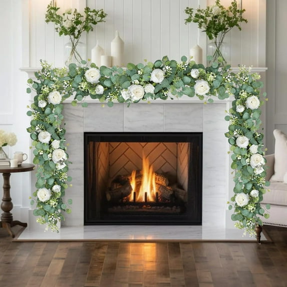 Bcylexb Roses and Baby’s Breath Artificial Green Garland, 6FT Floral Vines for Wedding Decor, Spring Party Centerpiece and Home Table Runner Rattan, White