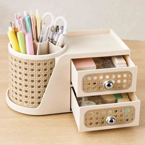 Bcylexb Rotatable Makeup Pen Brush Holder Organizer, Vertical Strip Transparent Cosmetic Storage with 2 Drawers Multi Compartment Pen Holder for Vanity Student Office Stationery
