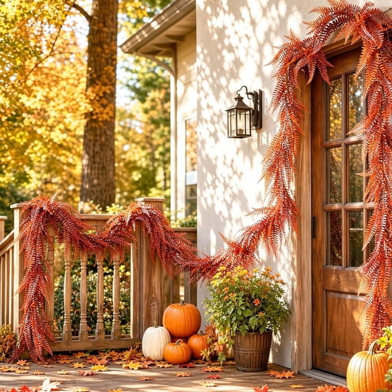 Bcylexb Rustic Fall Garland, 5.9 Ft Artificial Hanging Fern Vines Faux Outdoor Garland for Fence Porch Front Door Farmhouse Decorations
