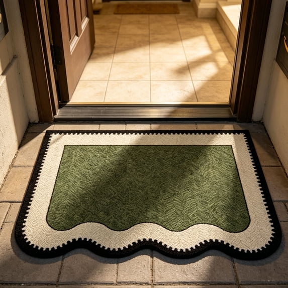 Bcylexb Scalloped Pattern Door Mat, 16" x 24" Non Slip Entryway Doormat Spring Green Bath Rug for Bathroom Bedroom Living Room Front Door Mat