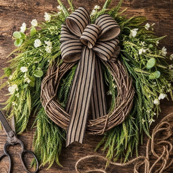 Bcylexb Spring Summer Wreaths for Front Door, 19.7" Greenery Door Wreaths Faux Fern Leaves Wreaths with Bow for Outdoor Porch Wall Decor