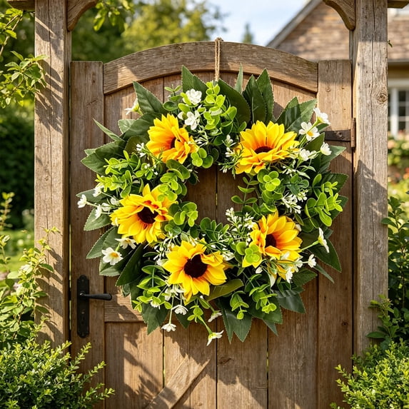 Bcylexb Sunflower Wreaths for Front Door, 13.8" Summer Floral Door Wreaths Outdoor Hanging Greenery Wreaths for Fence Porch Farmhouse Decor