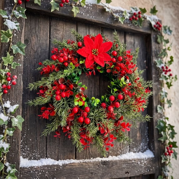 Bcylexb Wreaths for Front Door, 15.8" Artificial Christmas Poinsettia Door Wreath with Hanging Ribbon Rustic Farmhouse Decor for Indoor Outdoor Wall Porch Party