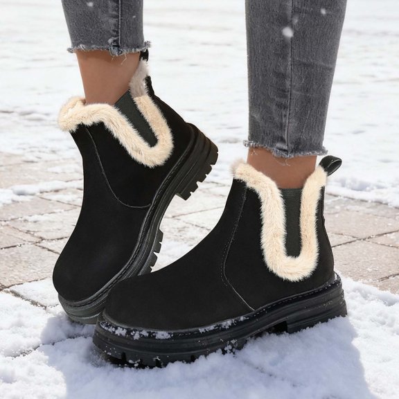 BdTemWBs Ankle Boots for Women with plush Hem, Low Chelsea Ankle Boot, Women Winter Platform Boot Shoes (Black,7)