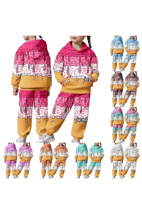 Boys Ice Cream Print Clothes Long Sleeve Hooded Sweatshirts Top & Solid-Color Trousers Casual Outdoor Fashion Set (Hot Pink,3-4 Years)