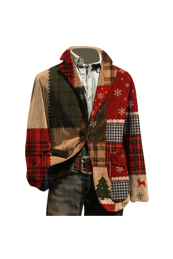 Men's Suit Jacket Corduroy Xmas Jackets, 1 Button, Lapel, Long Sleeve, Pockets, Warm Winter Coats for Christmas Party (Red, XXXL)
