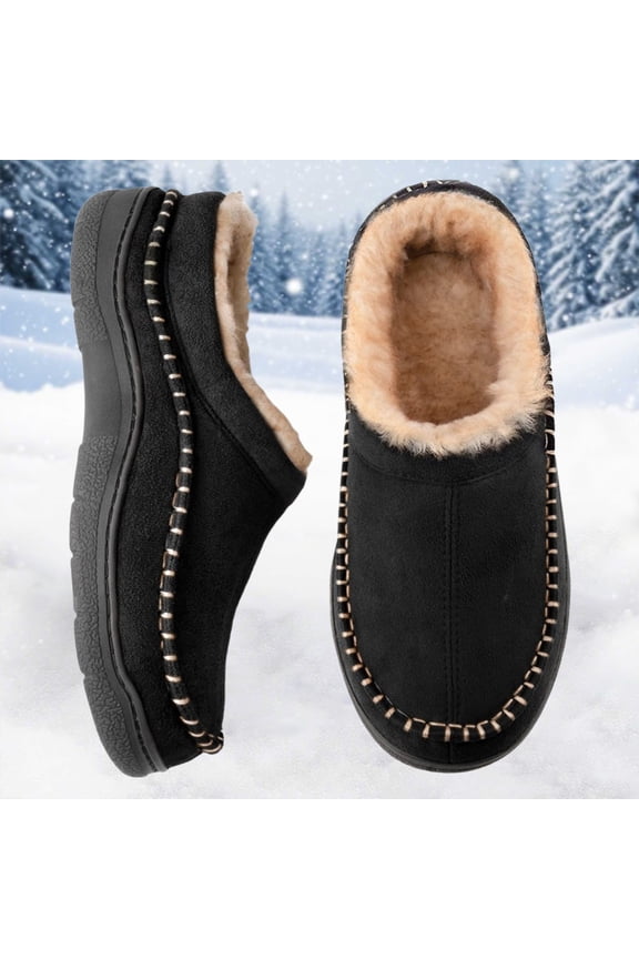 Mens Slippers Warm Fuzzy Memory Foam Indoor Outdoor Cozy Slippers -On Moccasin House Shoes with Non- Sole, Fluffy Wide Loafer Slippers (Black,11-12)