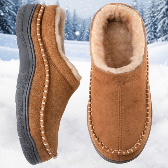 BdTemWBs Mens Slippers Warm Fuzzy Memory Foam Indoor Outdoor Cozy Slippers -On Moccasin House Shoes with Non- Sole, Fluffy Wide Loafer Slippers (Khaki,13-14)