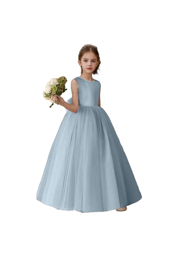 O-Neck Flower Girl Dress - Satin Tulle First Communion Dresses Wedding Party Gown Pearls with Back Bowknot