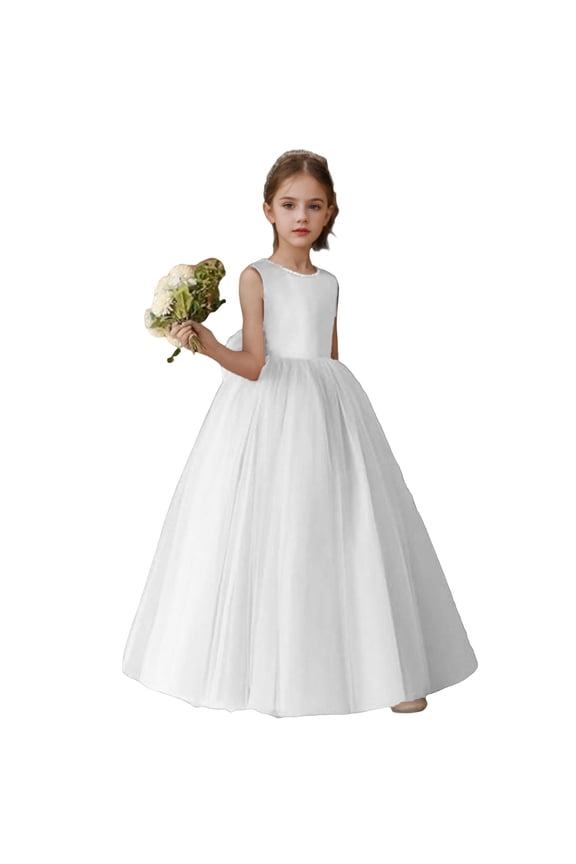 O-Neck Flower Girl Dress - Satin Tulle First Communion Dresses Wedding Party Gown Pearls with Back Bowknot