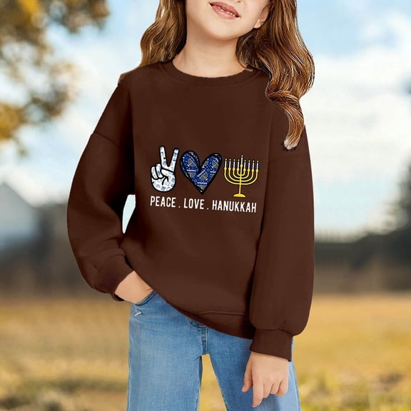 BdTemWBs Peace_Love_Hanukkah Sweatshirt for Kids, Boys Girls Heart Graphic Pullover Tops Crew Neck Long Sleeve Shirts Cinch Waist (Coffee,3-4 Years)