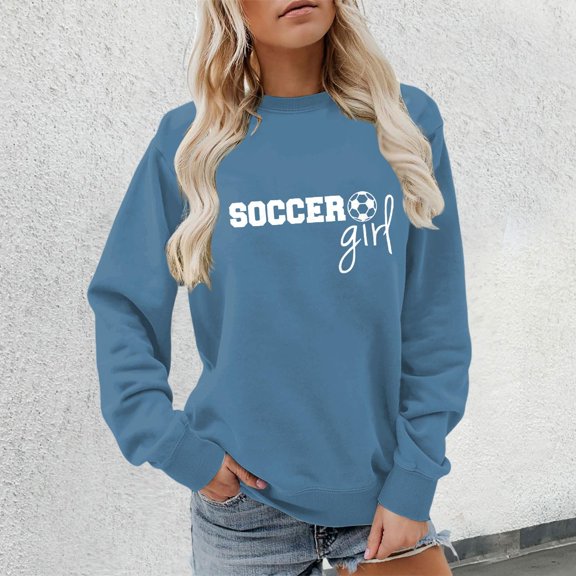 BdTemWBs Soccer Girl Print Sweatshirt Women Long Sleeve Crewneck Pullover Baggy Cinch Waist Cute Holiday Graphic Tops (Blue, XXL)