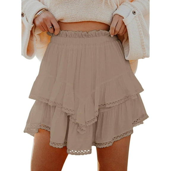 BdTemWBs Summer Mini Skirts for Women 2025 Casual Boho Ruffle Tiered Skorts High Waist Solid Color Flowy Short Dresses Vacation Outfits, Khaki, XX-Large