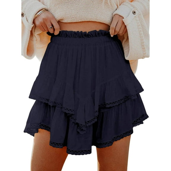 BdTemWBs Summer Mini Skirts for Women 2025 Casual Boho Ruffle Tiered Skorts High Waist Solid Color Flowy Short Dresses Vacation Outfits, Navy, Large
