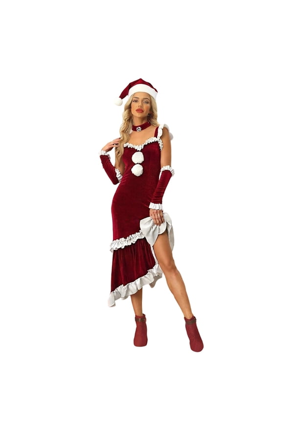 Women's Christmas Velvet Bodycon Dress Elegant French Court Style Cosp|ay_Dress Performance Co_stume_Bodycon Evening Gown For Holiday Party Pageant (Red, M)