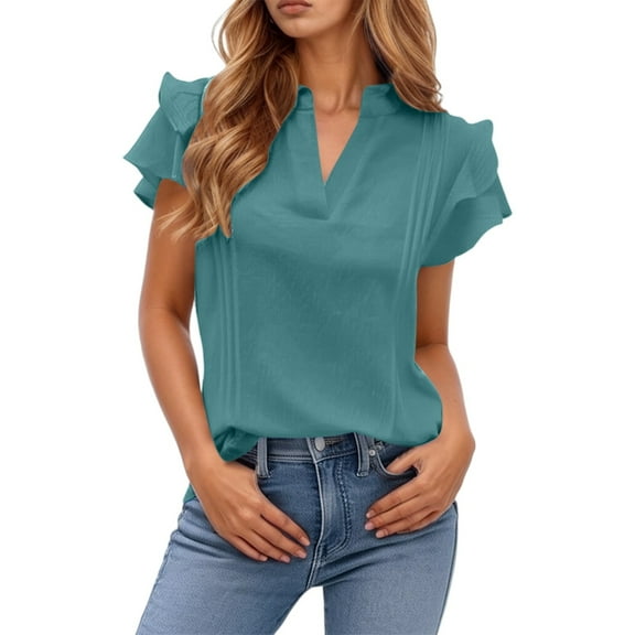 BdTemWBs Women's Top Short Sleeves V Neck Tee Casual Double Layer Ruffled Sleeve Solid Color T-Shirts Outdoor Sports Running Shirt, GN2, XX-Large