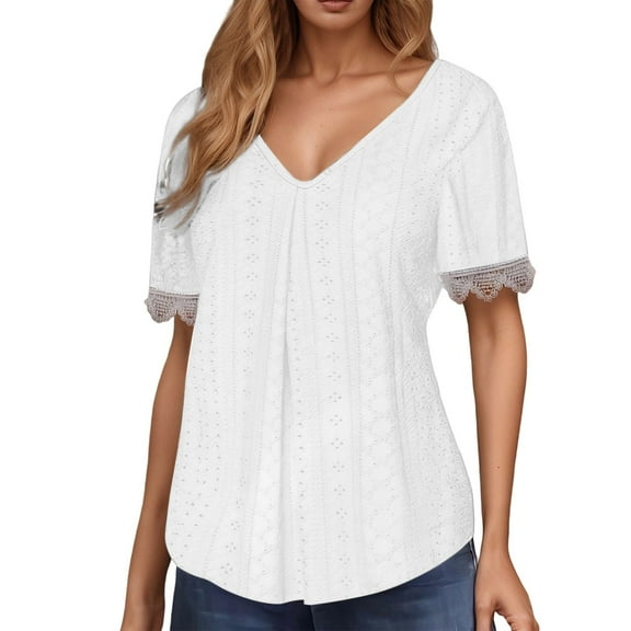 BdTemWBs Women's V Neck Lace Trim T Shirt Casual Floral Hollow Out Blouse Trendy Tops Tee Shirts Summer Shirts Solid Color Summer Short Sleeve Shirts, White, Large