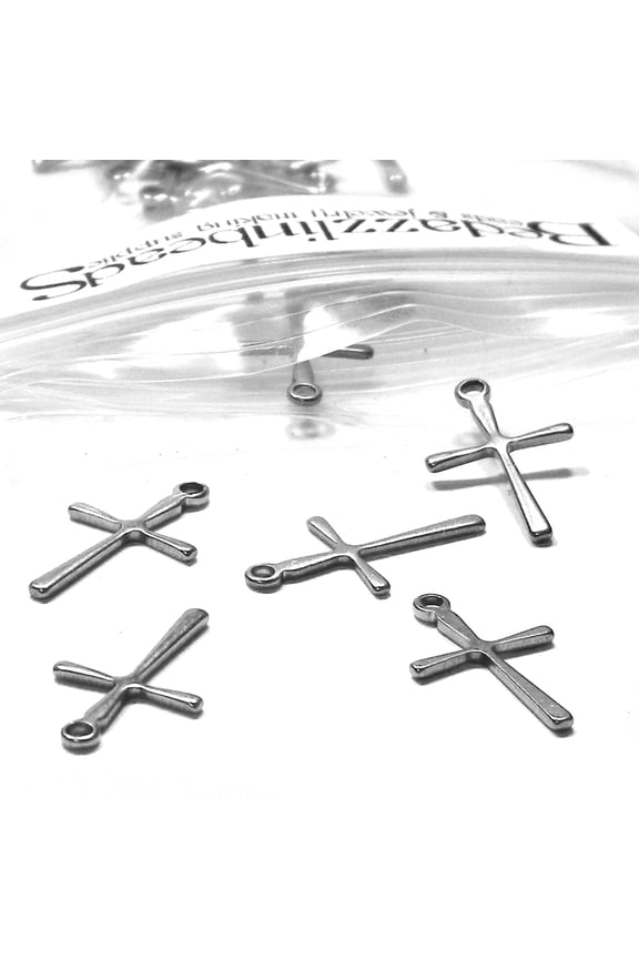 Surgical Stainless Steel Cross Charms, 304 Grade Silver, 16mm Small Size with Loop, 10 Pack