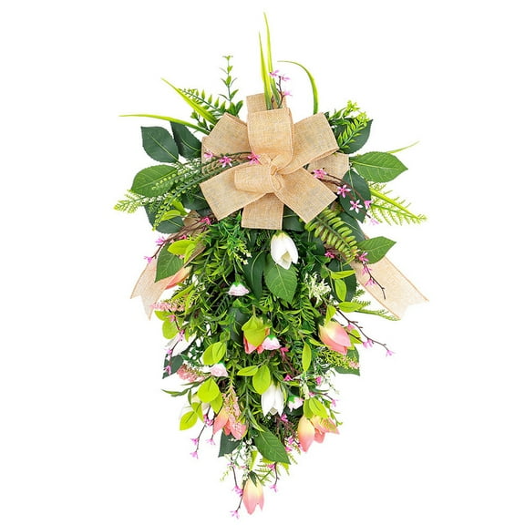 Bdday 20 Inch Spring Teardrop Swag, Artificial Tulips Door Swag with Burlap Bow for Front Door Outdoor Porch, Handmade Spring Summer Flower Swag Wreath Decoration for Home
