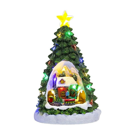 Bdday Christmas Decorations Light Up Music Train House Christmas Tree Snow House Desktop Ornaments Music Box Christmas Gift