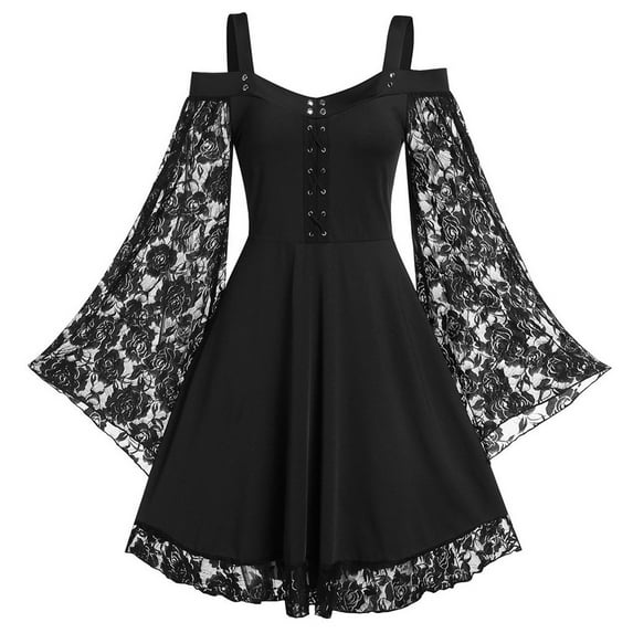 Bdfzl Gothic Vintage Lace Patchwork Women Dress Plus Size Goth Bandage Ladies Spaghetti Strap Dresses