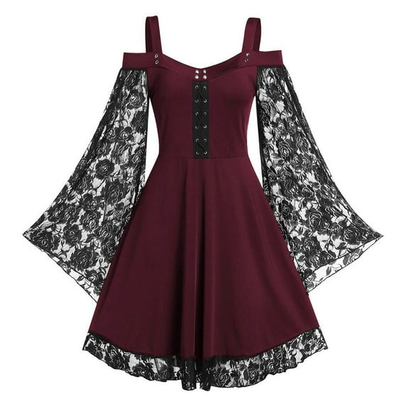 Bdfzl Gothic Vintage Lace Patchwork Women Dress Plus Size Goth Bandage Ladies Spaghetti Strap Dresses