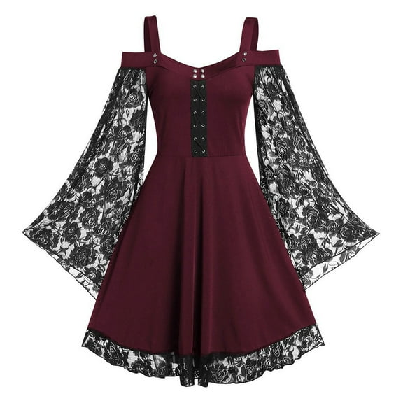 Bdfzl Gothic Vintage Lace Patchwork Women Dress Plus Size Goth Bandage Ladies Spaghetti Strap Dresses