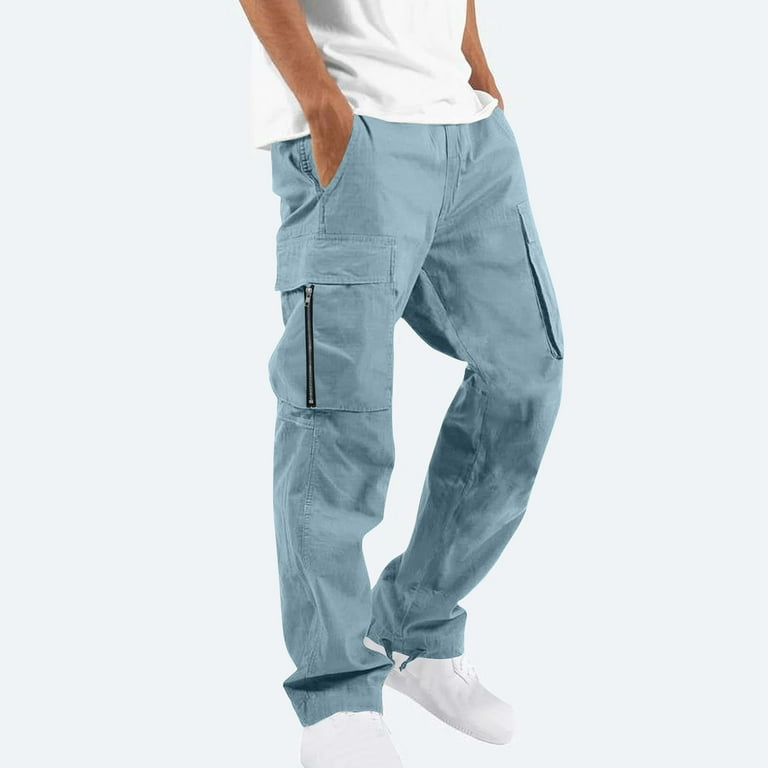 Bdfzl Men S Pants Clearance Men Casual Solid Color Multiple Pockets Outdoor Straight Type Fitness Pants Cargo Pants Trousers Light Blue Xl Walmart