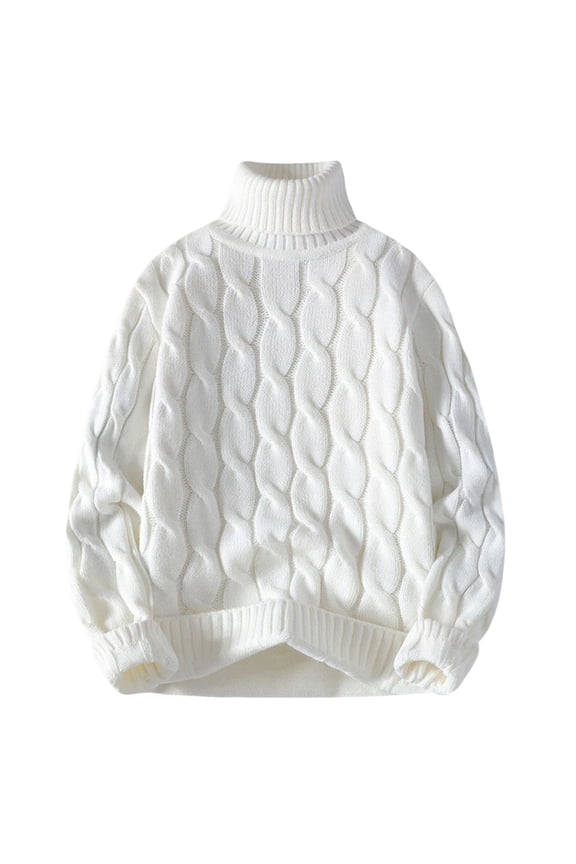 Mens Turtleneck Sweater Loose Fit Jacquard Knit Pullover,Thickened Warm Winter White M