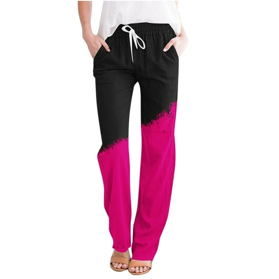 Bdfzl Women's Cotton Linen Drawstring High Waisted Pants Casual Loose Fit Wide Leg Trousers Casual Print Loose Casual Wide Leg Straight