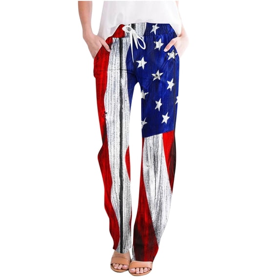 Bdfzl Women's Cotton Linen Drawstring High Waisted Pants Casual Loose Fit Wide Leg Trousers Independence Day Print Loose Casual Wide Leg Straight