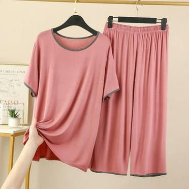 Bdfzl Womens 2 Piece Satin Pajamas Silk Short Sleeve Pjs Sets Capri Bottom Pajama Pants Loose Outfit with Pockets