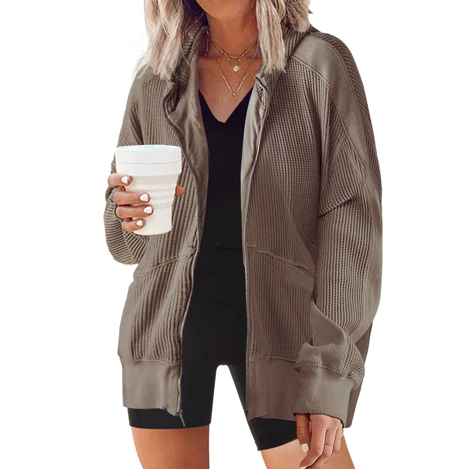 Bdfzl Womens Waffle Knit Shacket Jacket Cropped Full Zip Up Hoodie