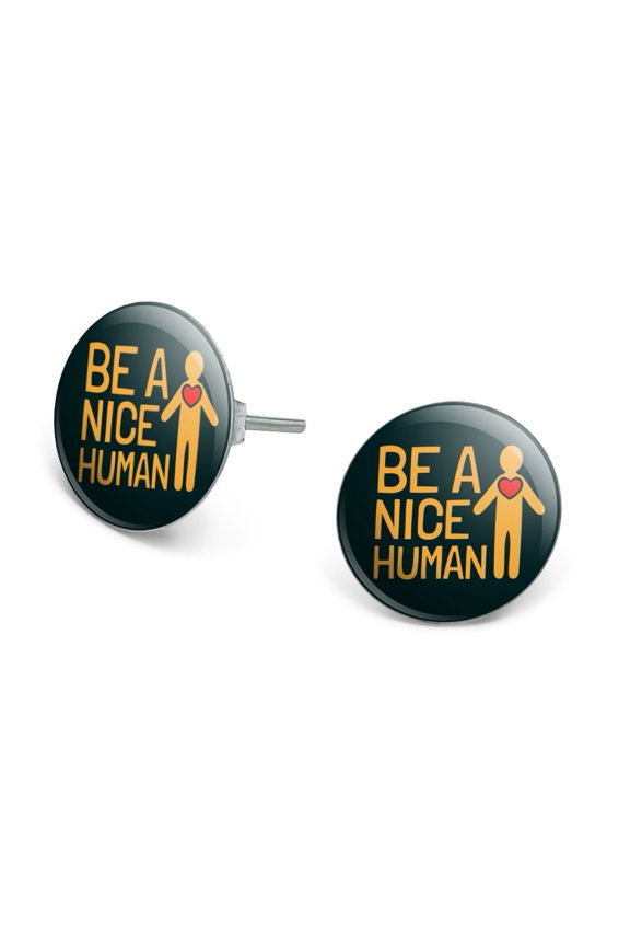 Be A Nice Human with Heart Novelty Silver Plated Stud Earrings