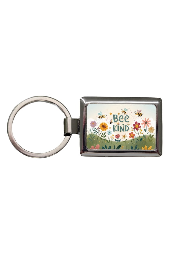 Be Bee Kind With Floral Bees Design Metal Rectangle Keychain