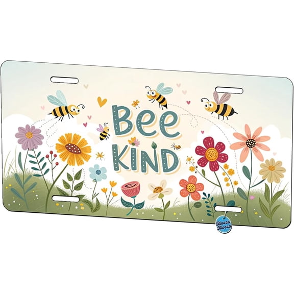 Be Bee Kind with Floral Bees Design Metal Vanity Novelty Tag License Plate for Trucks Cars SUVs