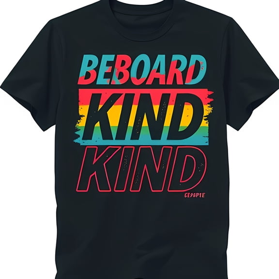 Be Board Kind Kind Black T-Shirt with Colorful Rainbow Graphic Design