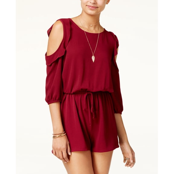 Be Bop Juniors Cold Shoulder Ruffled Romper Ruffled Wine M