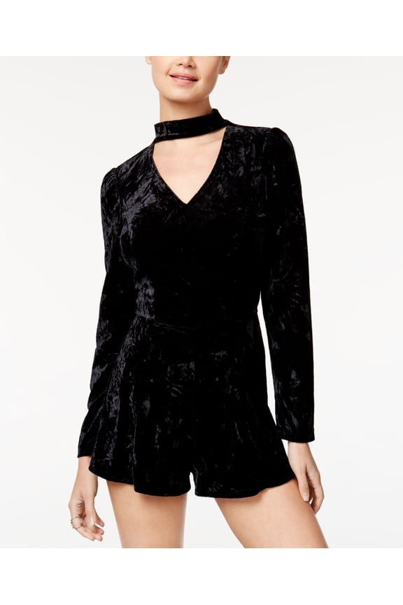 Be Bop Juniors Crushed Velvet Choker Romper Solid Black M