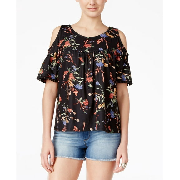 Be Bop Juniors' Floral Printed Cold-Shoulder Top Black M