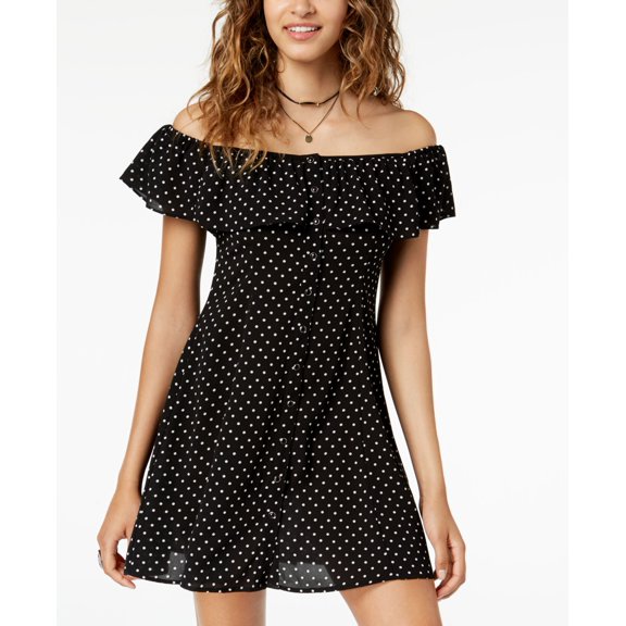 Be Bop Juniors Off The Shoulder A Line Dress Black White Dot XS