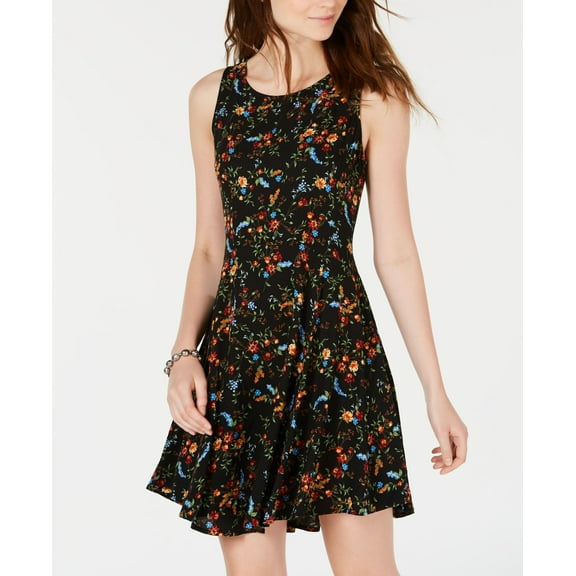 Be Bop Juniors' Printed A-Line Dress (Black Multi, XS)