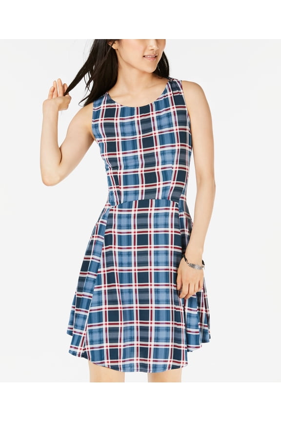 Be Bop Juniors Printed A Line Dress Teal Wine Plaid 2XS