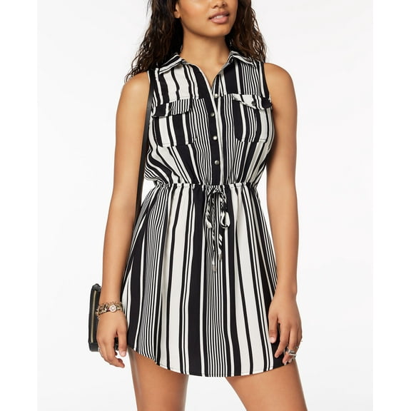 Be Bop Juniors Printed Button Front Shirtdress Black White Stripe 2XS