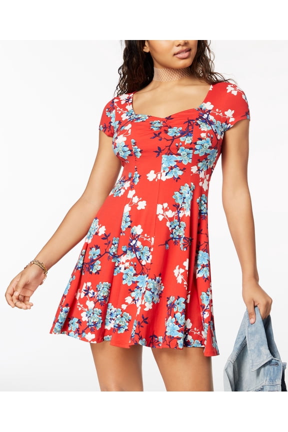 Be Bop Juniors Printed Fit Flare Dress Red Floral XXL