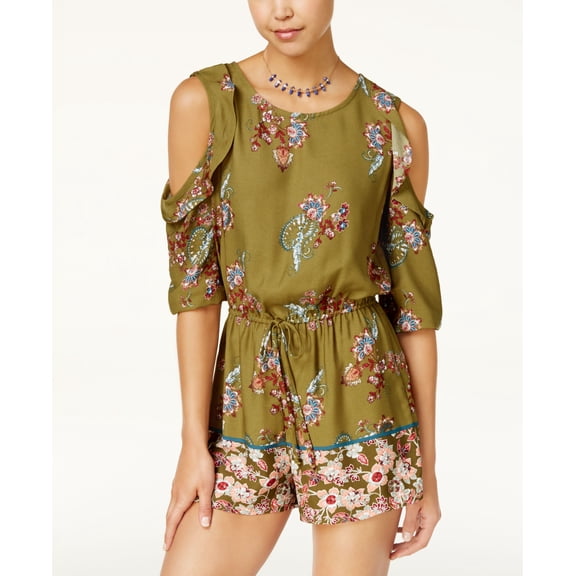 Be Bop Juniors' Printed Ruffle Cold-Shoulder Romper (Olive Wine, M)