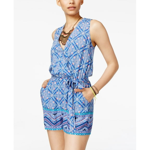 Be Bop Juniors' Printed Surplice Romper with Sash Belt (CoralCobalt, XL)